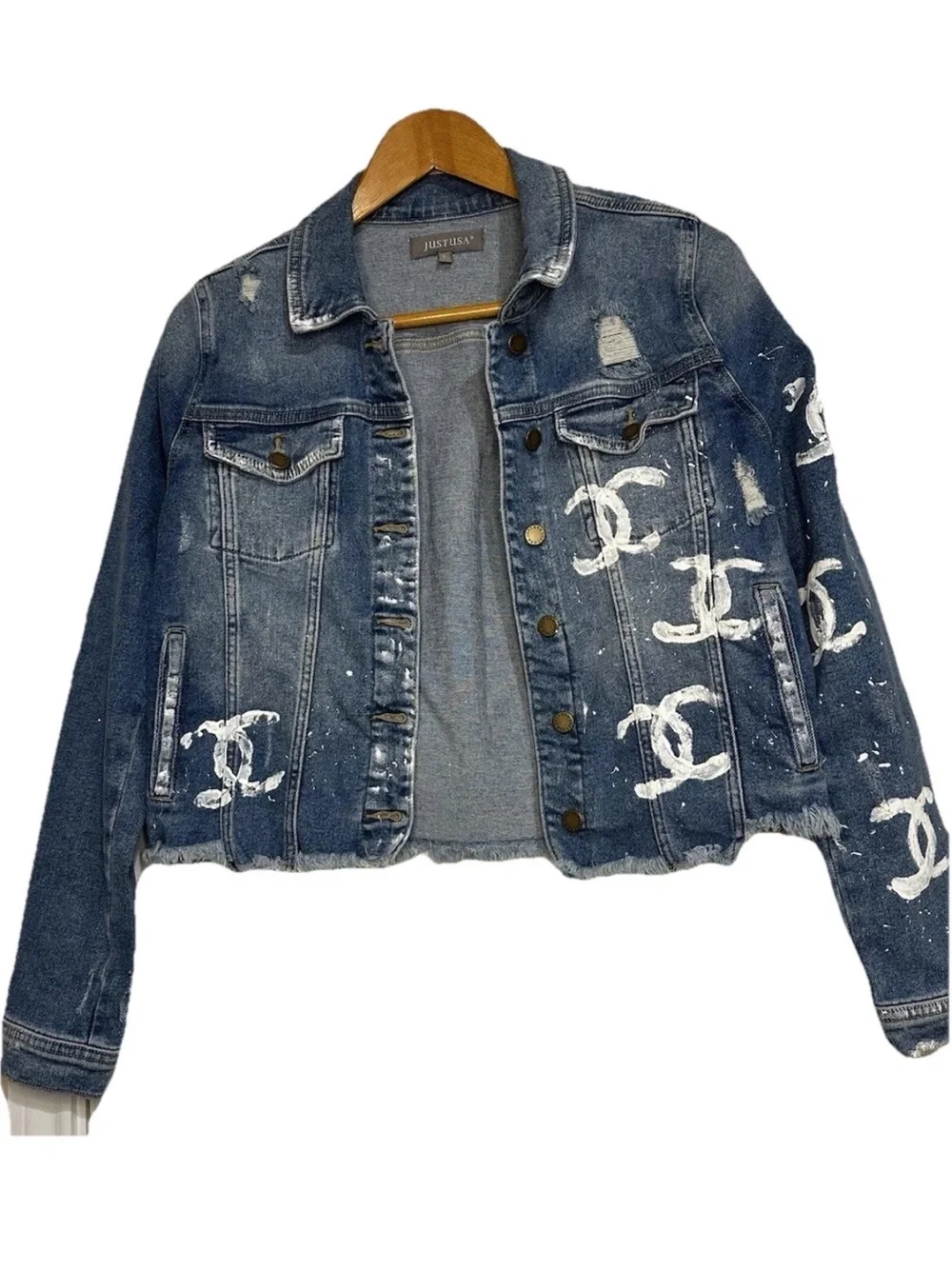 Just USA Distressed Jean Jacket Hand Painted Boutique NWT Sz L Wearable Art - Picture 5 of 13